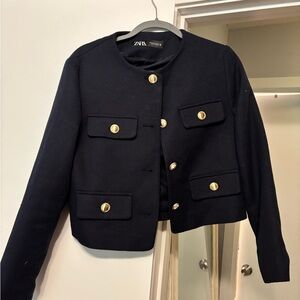 Zara Navy and Gold Cropped Blazer
